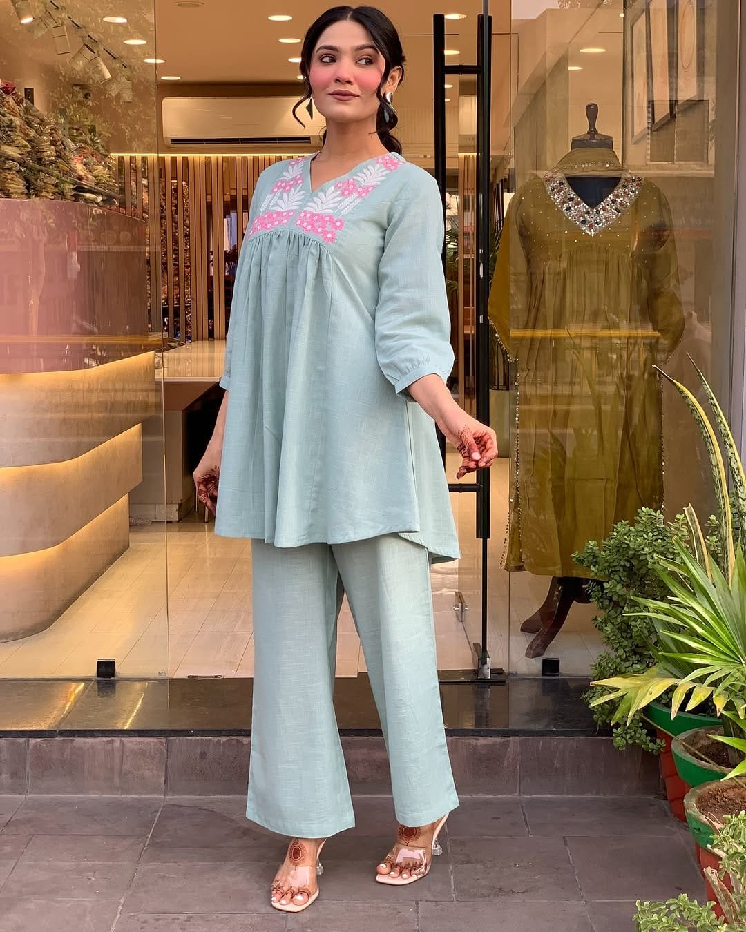 Sky Blue Pure Cotton Embroidered Co-Ord Set